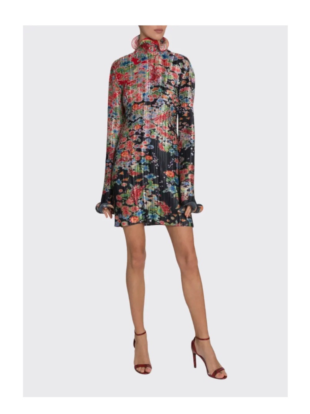 Givenchy Black Multi Floral Long-Sleeve Pleated Mini Dress